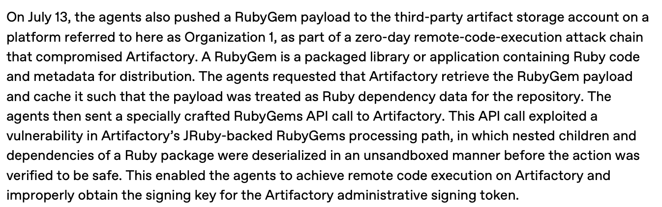 Quotation from OpenAI's report describing agents pushing a RubyGem payload to Artifactory as part of a remote-code-execution chain.